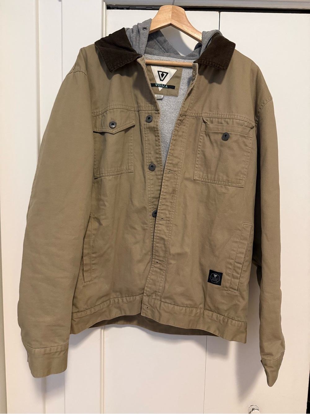 Vissla Men’s Tan Work Jacket with Dark Brown Corduroy Collar and Gray Hood